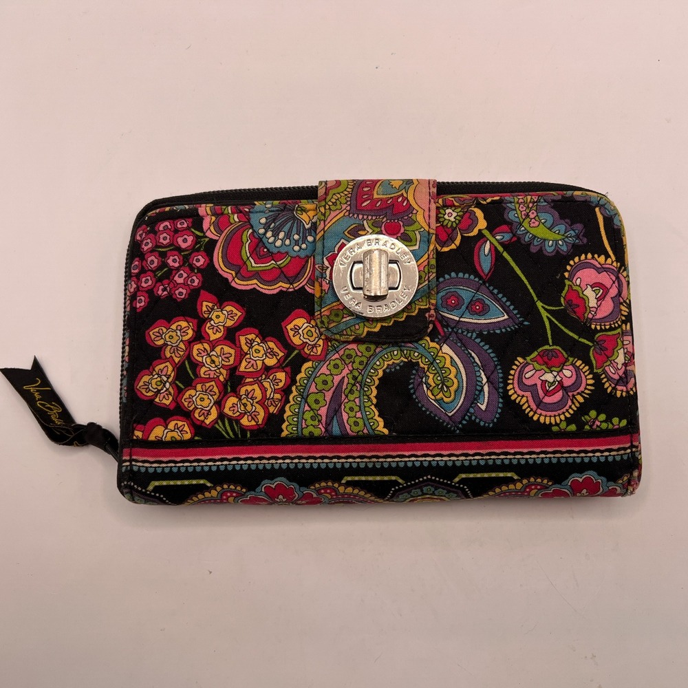 Vera Bradley Turnlock Wallet Black Floral Paisley Quilted Cotton Zip Around
